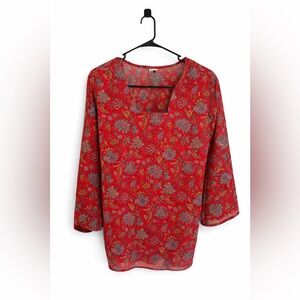Libas Red Paisley Boho Blouse Size 40 Bell Sleeve Sheer Floral Top